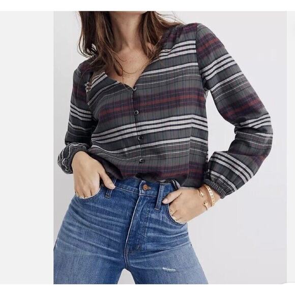 Madewell V-Neck Button-Down Shirt in Pineview Plaid Long Sleeve Top Size Medium - Picture 2 of 10